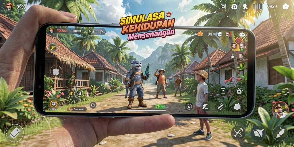 Screenshot gameplay 9939 menunjukkan interaksi karakter dalam simulasi kehidupan.