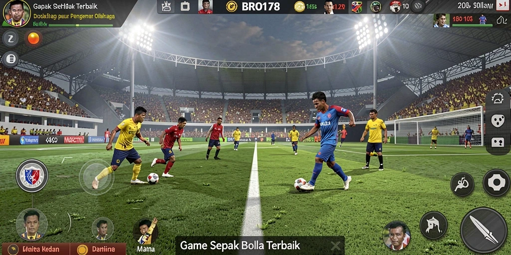 Tangkapan layar gameplay BRO178 menampilkan aksi sepak bola menegangkan di lapangan.