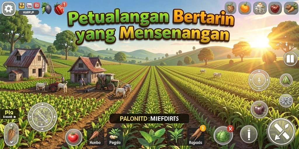 Screenshot utama HARAPJP yang menunjukkan gameplay bertani yang seru.