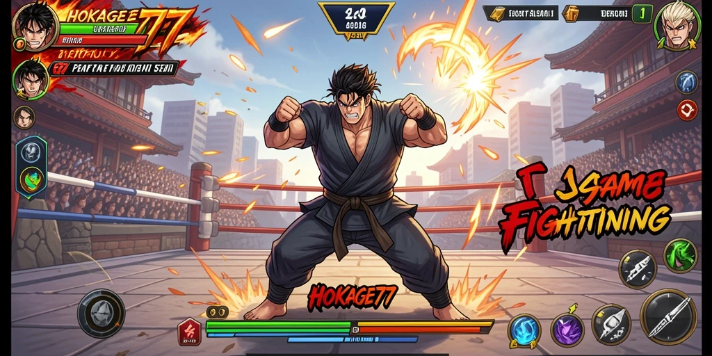 Screenshot HOKAGE77 menampilkan pertarungan seru dan karakter dinamis di arena.