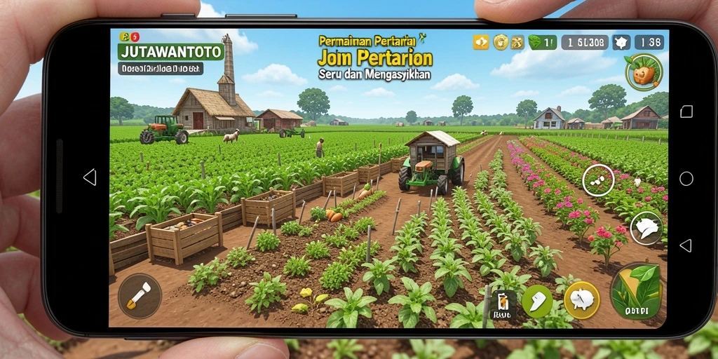 Screenshot gameplay JUTAWANTOTO menunjukkan aktivitas bertani yang seru.
