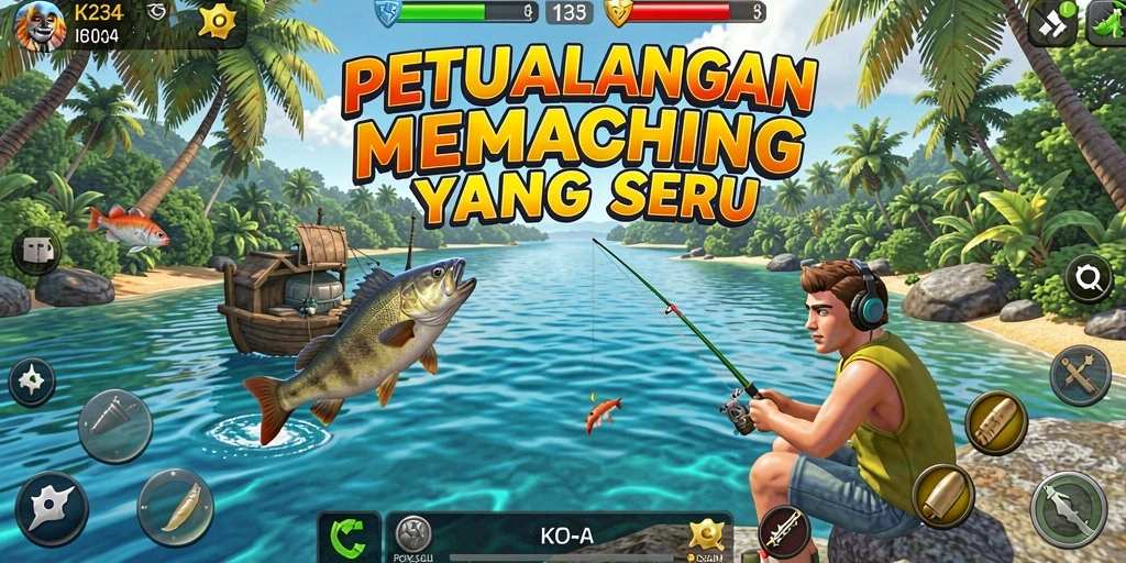 Tampilan gameplay K234 dengan aksi memancing yang penuh semangat.