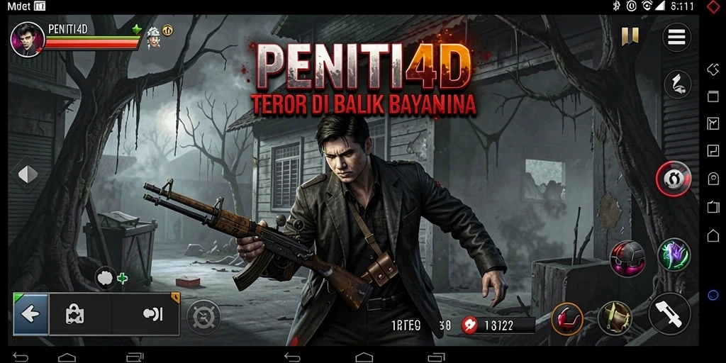 Tampilan gameplay PENITI4D dengan suasana horror yang mencekam.