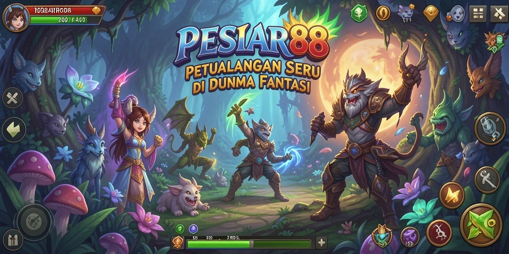 Screenshot gameplay PESIAR88 menampilkan petualangan aksi di dunia fantasi.