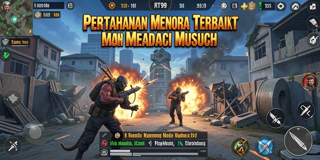 Tangkapan layar gameplay RT99 dengan suasana menegangkan dan menara yang dibangun dengan strategis.
