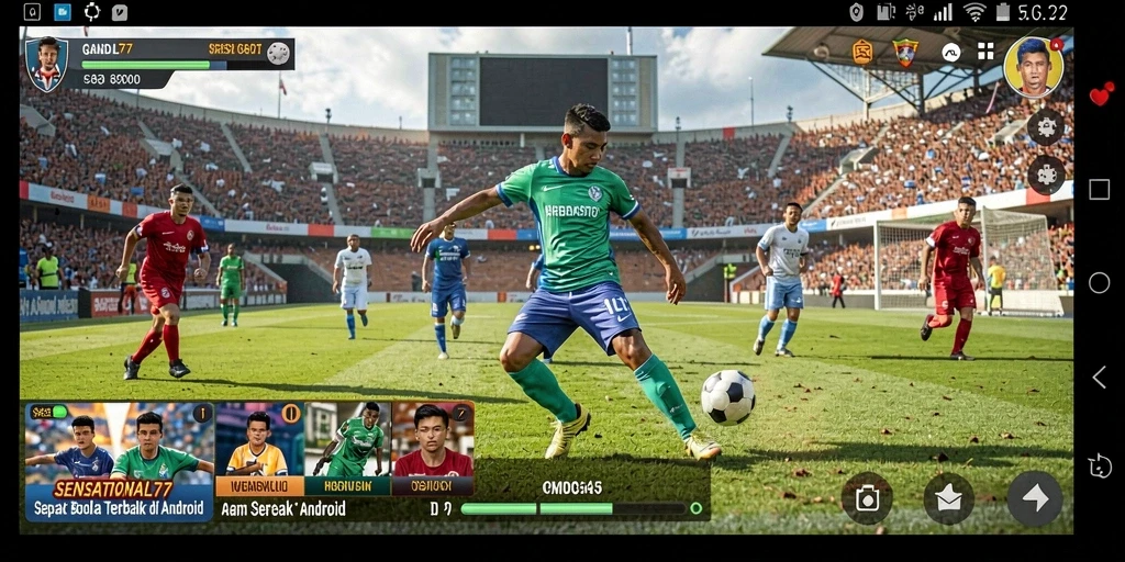 Screenshot gameplay SENSATIONAL77 menampilkan aksi sepak bola yang mendebarkan.