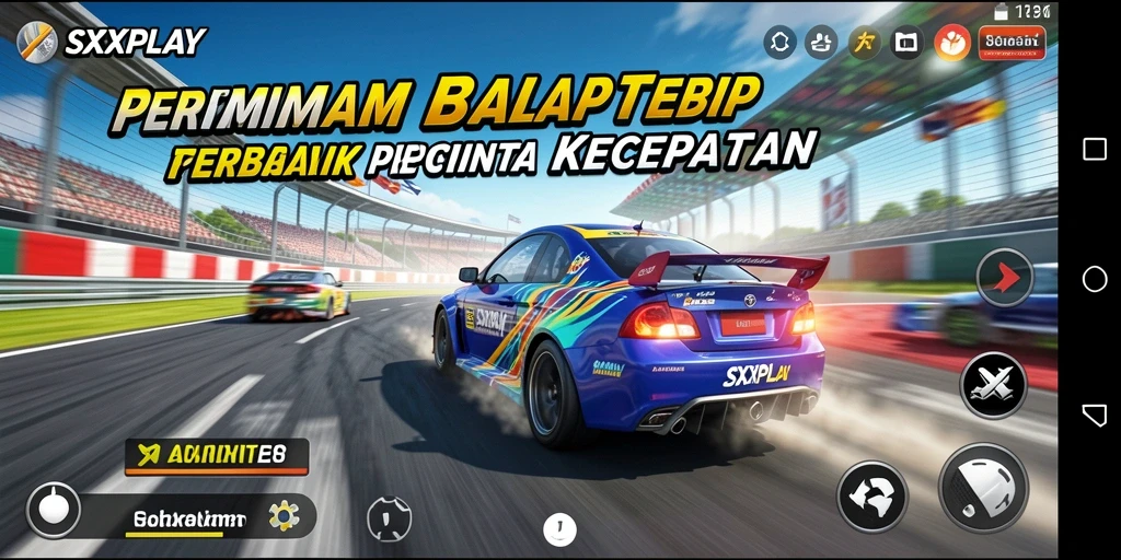Tangkapan layar gameplay SXXPLAY yang menunjukkan aksi balap yang intens.