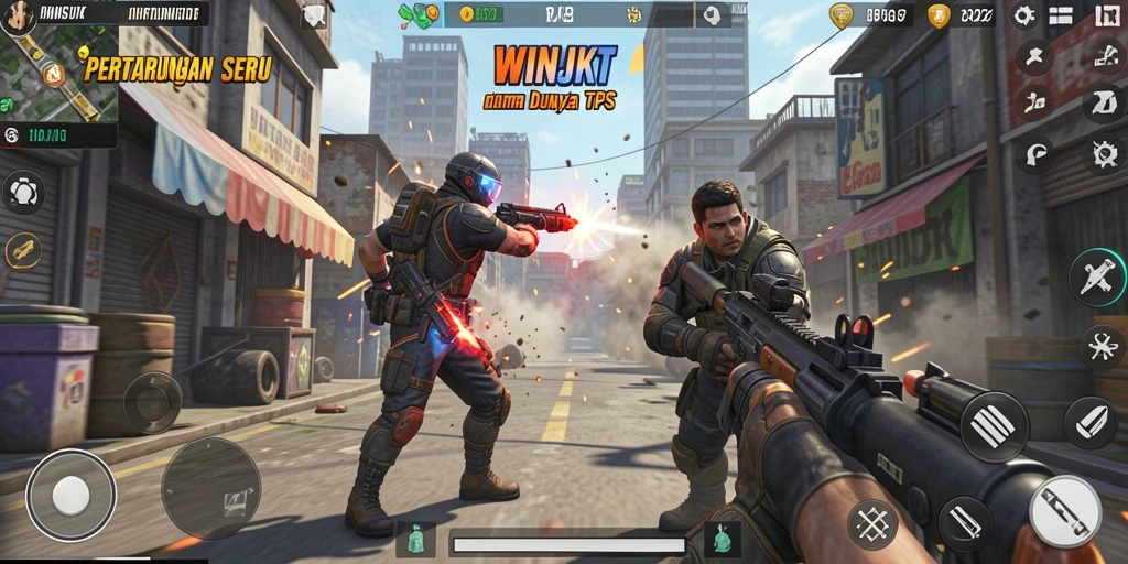 Screenshot gameplay WINJKT yang menunjukkan aksi TPS mendebarkan.